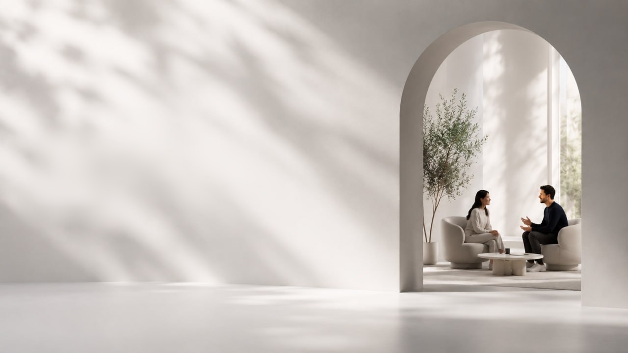 A digital bank with a human touch — two people talking in a bright, plant-filled space